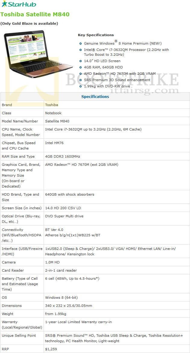 SITEX 2012 price list image brochure of Starhub Toshiba Satellite M840 Notebook Specifications