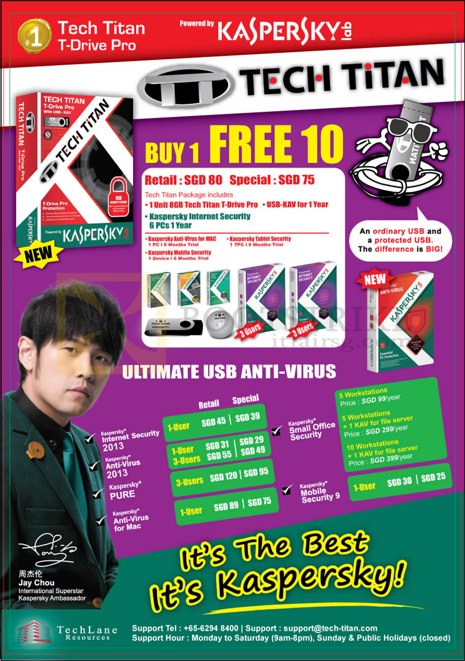 SITEX 2012 price list image brochure of Techlane Kaspersky Tech Titan Internet Security 2013, Anti Virus For Mac, Mobile Security 9, Tablet Security, Pure, Small Office Security