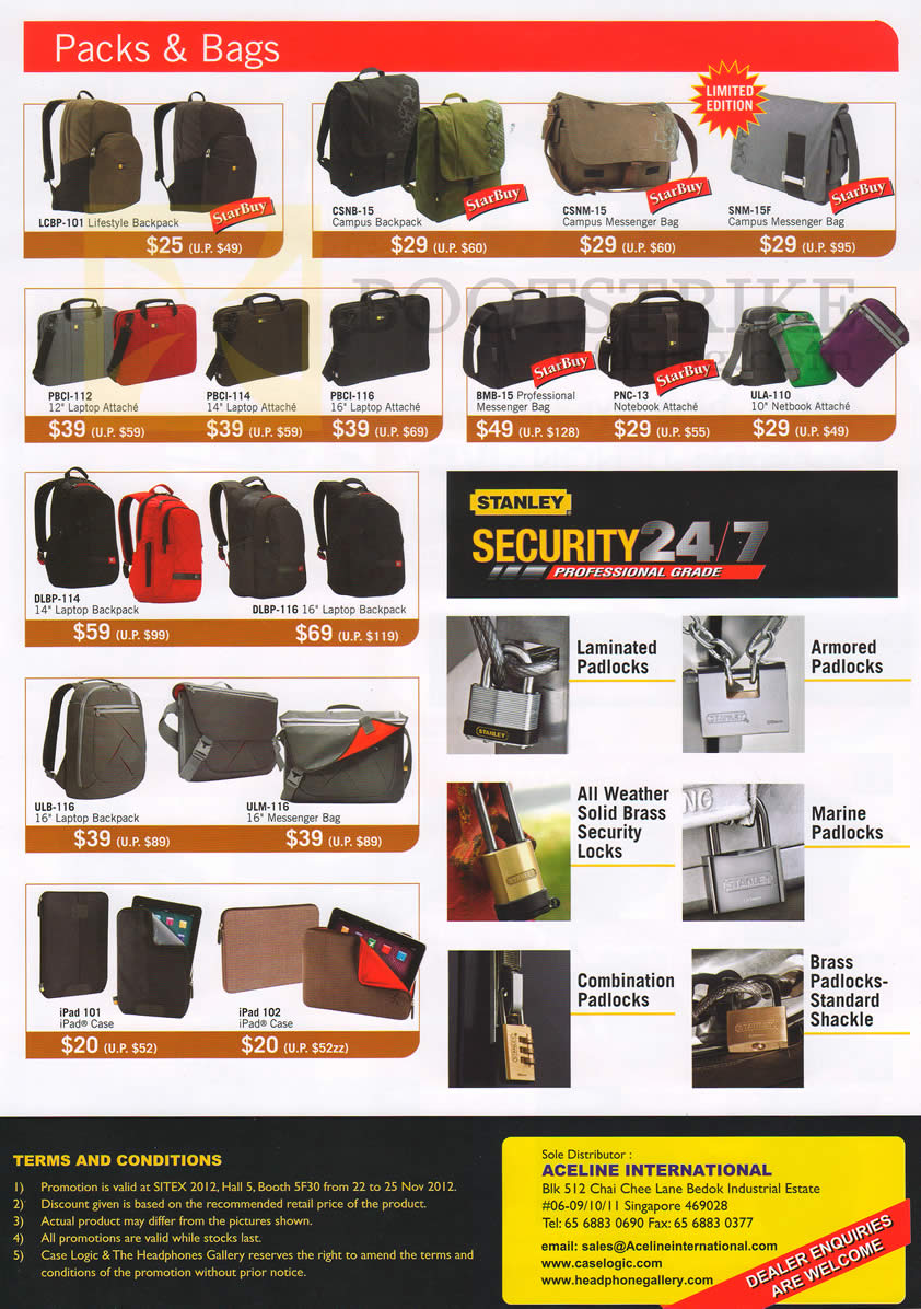SITEX 2012 price list image brochure of The Headphones Gallery Caselogic Packs Bags Lifestyle Backpack, Campus, Laptop Attache, Messenger, Stanley Security Padlocks