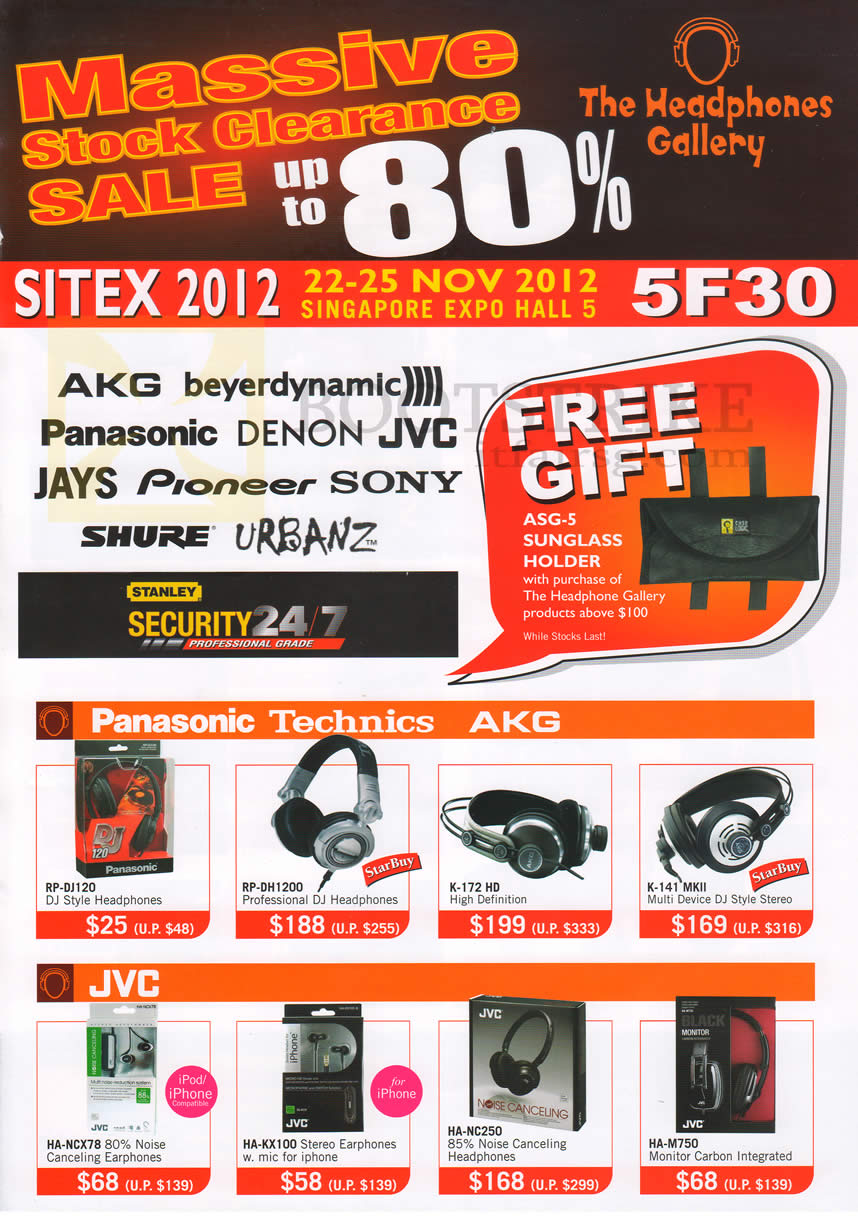 SITEX 2012 price list image brochure of The Headphones Gallery Earphones Panasonic Technics AKG RJ-DJ120 DH1200 K-172 HD K-141 MKII, JVC HA-NCX78 KX 100 NC250 M750