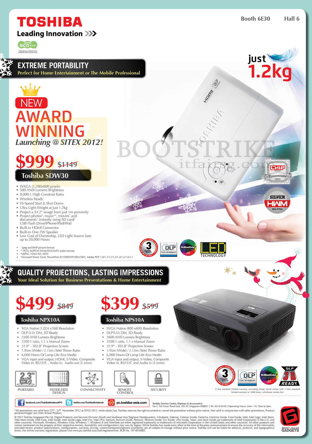SITEX 2012 price list image brochure of Toshiba Projectors SDW30, NPX10A, NPS10A