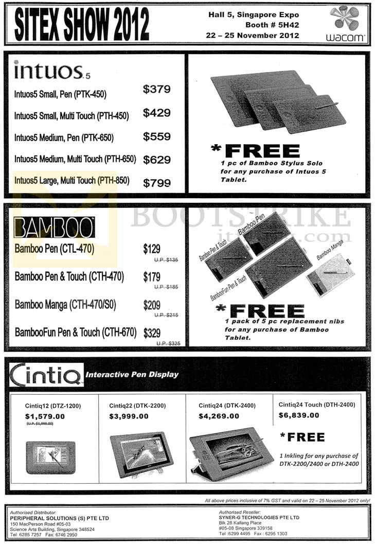 SITEX 2012 price list image brochure of Wacom Intuos5 PTK 450 650, PTH 450 650 850, Bamboo Pen Touch CTL 470, CTH 470 S0 670, Cintiq Pen Display Cintiq12 DTZ-1200 2200 2400
