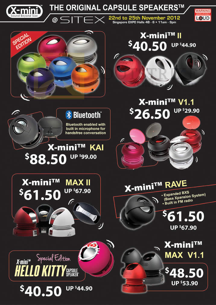 SITEX 2012 price list image brochure of X-Mini Speakers II, V1.1, Kai, Max II, Rave, Hello Kitty Capsule Speaker, Max V1.1