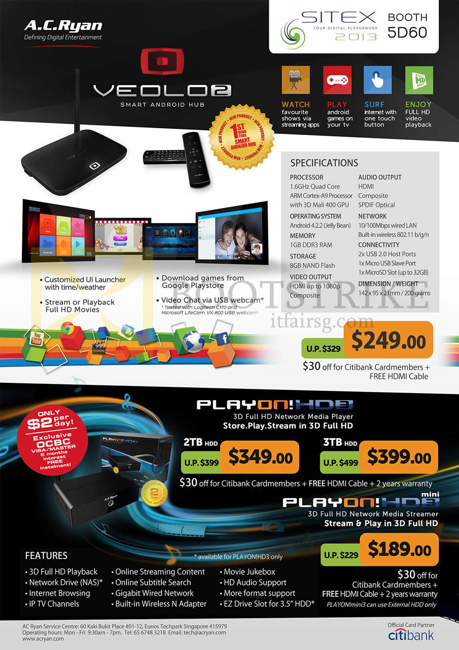 SITEX 2013 price list image brochure of AC Ryan Veolo2 Android Hub, Citibank, PlayOn HD3 Media Player, PlayOn HD3 Mini Media Streamer