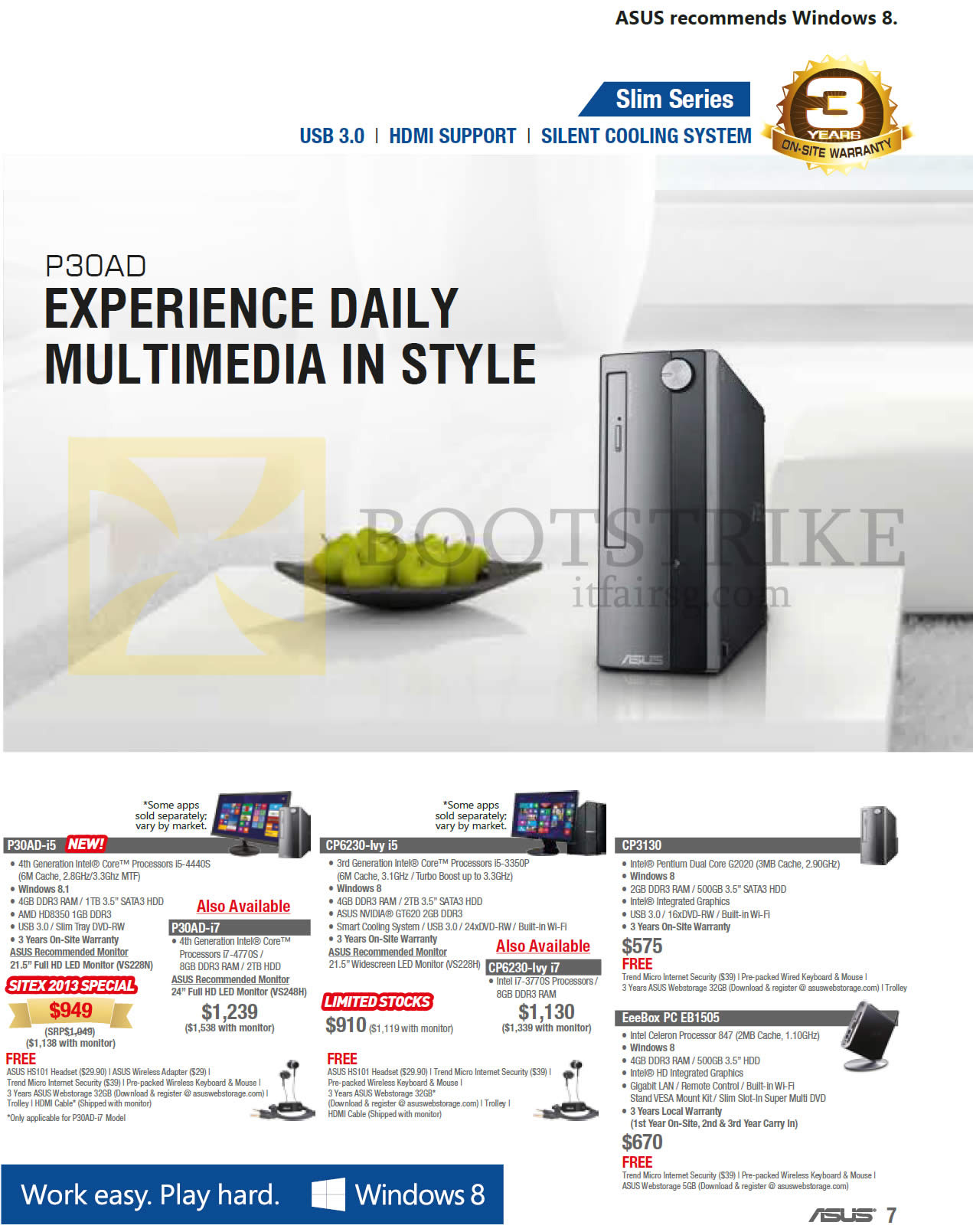SITEX 2013 price list image brochure of ASUS Desktop PCs Slim Silent P30AD, CP6230, CP3130, Eeebox PC EB1505