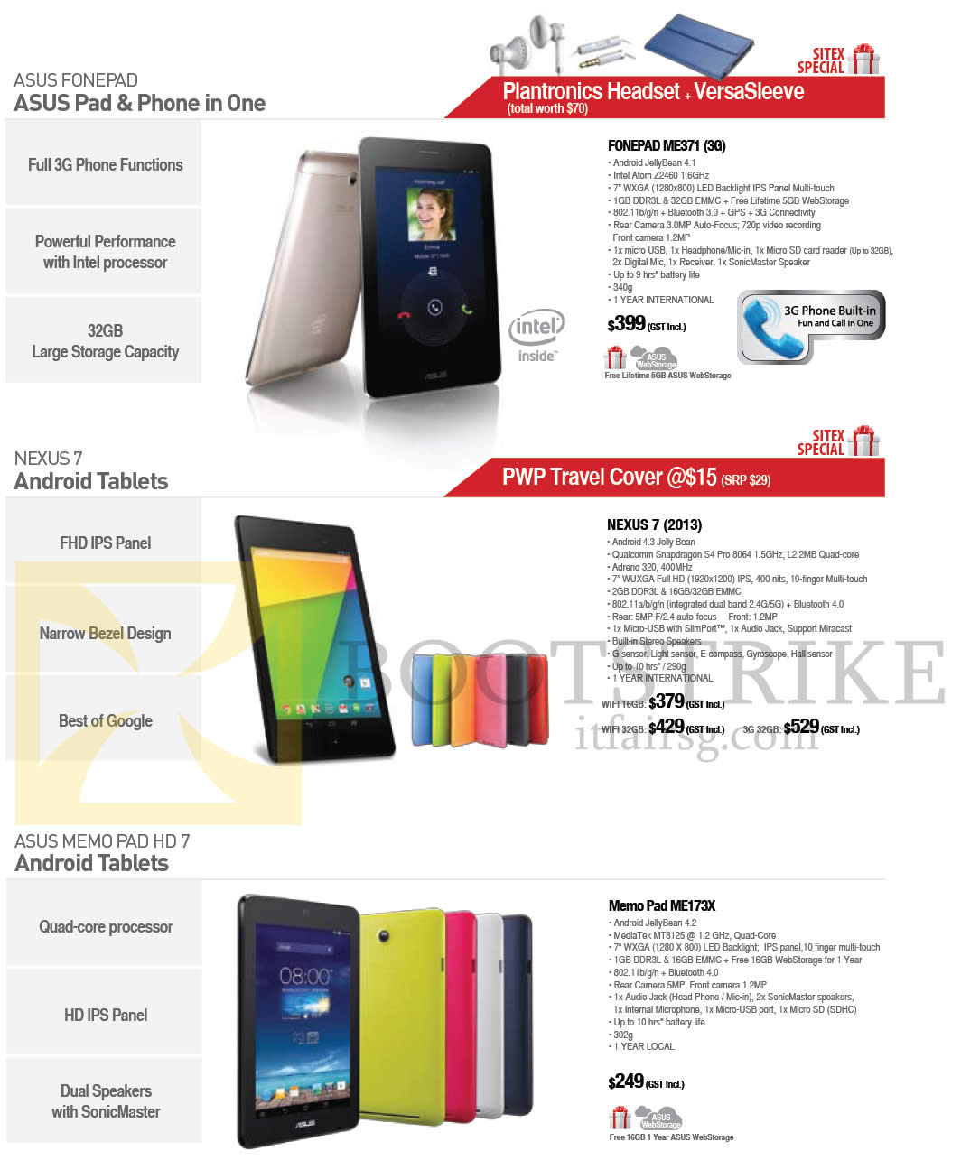 SITEX 2013 price list image brochure of ASUS Fonepad, Tablets Android, Fonepad ME371, Nexus 7, MemoPad ME173X