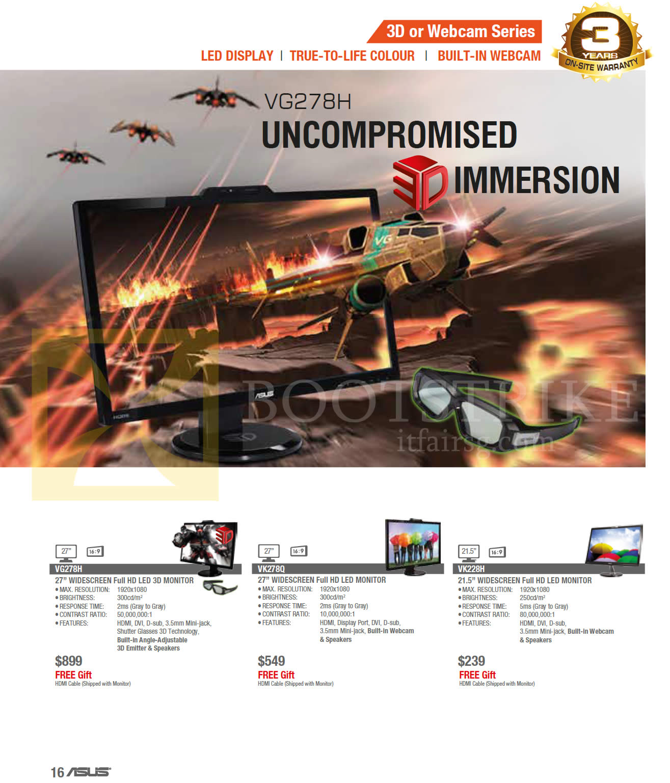 SITEX 2013 price list image brochure of ASUS Monitors LED 3D VG278H, VK278Q, VK228H