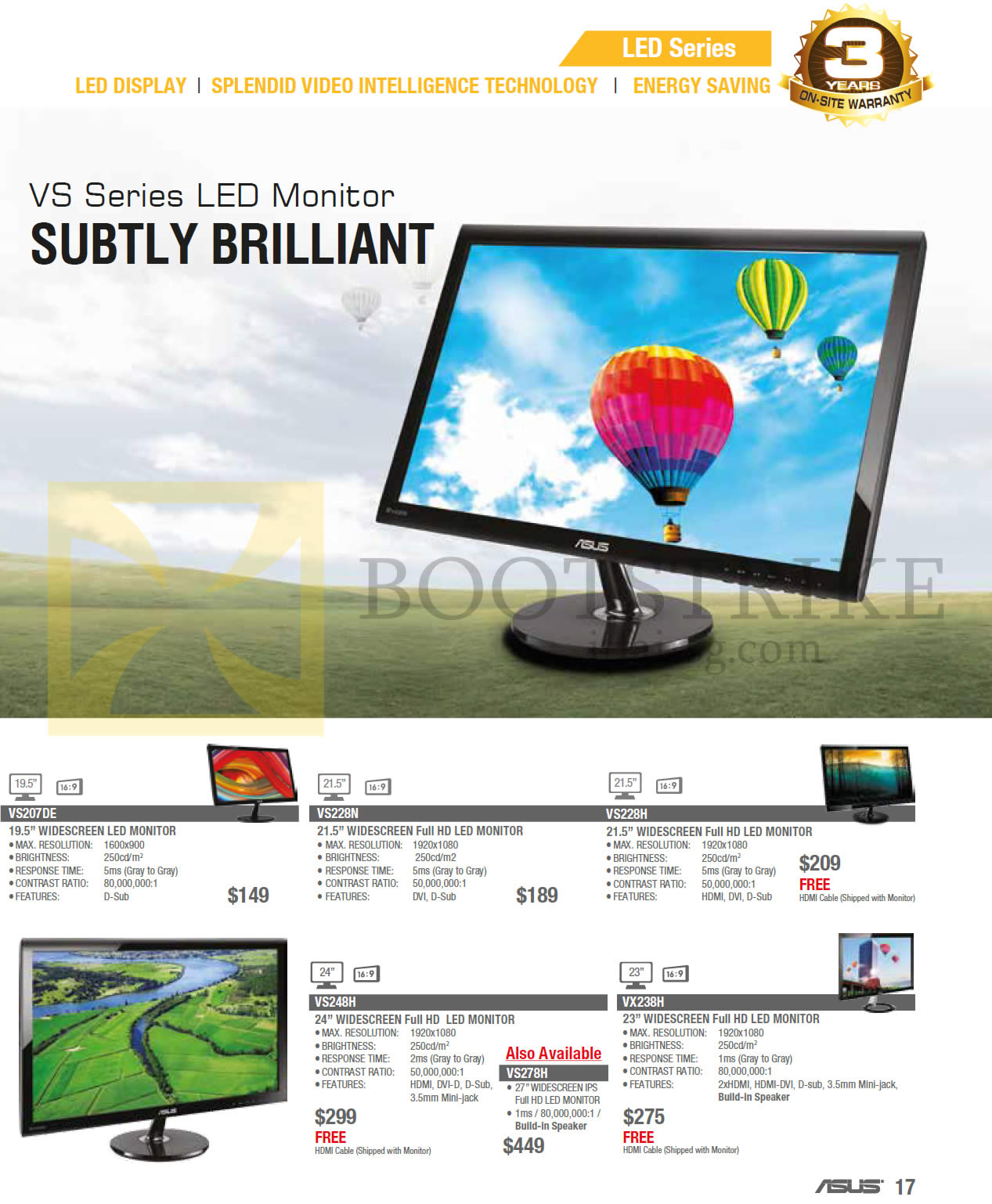 SITEX 2013 price list image brochure of ASUS Monitors LED VS Series VS207DE, VS228N, VS228H, VS248H, VX238H, VS278H