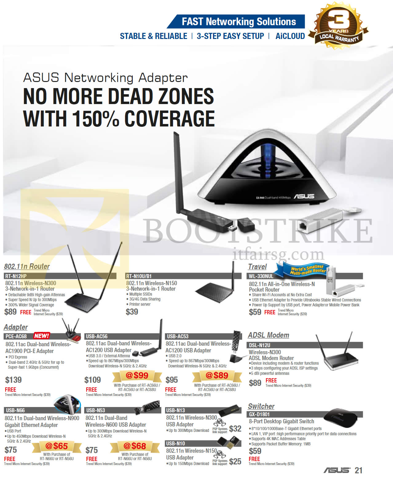SITEX 2013 price list image brochure of ASUS Networking Routers, Modem, USB Adapters, Switch, RT-N12HP, RT-N10UB1, WL-330NUL, PCE-Ac68, USB-AC56, USB-N66, USB-N53, DSL-N12U, WL330NUL, GX-D1801