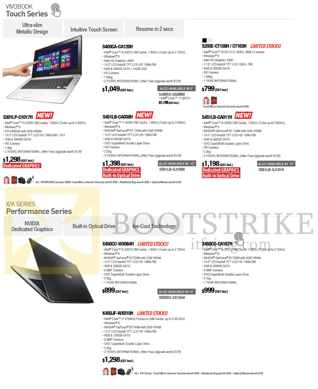 SITEX 2013 price list image brochure of ASUS Notebooks Vivobook Touch S301LP-C1017H, S451LB-CA011H, X K Series X450CC-WX064H, K450JF-WX010H, X450CC-CA167H