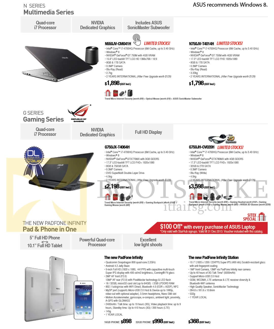 SITEX 2013 price list image brochure of ASUS Notebooks, PadFones, N550JV-CM041H, Gaming G750JX-T4064H, G750JH-CV020H, N750JV-T4014H