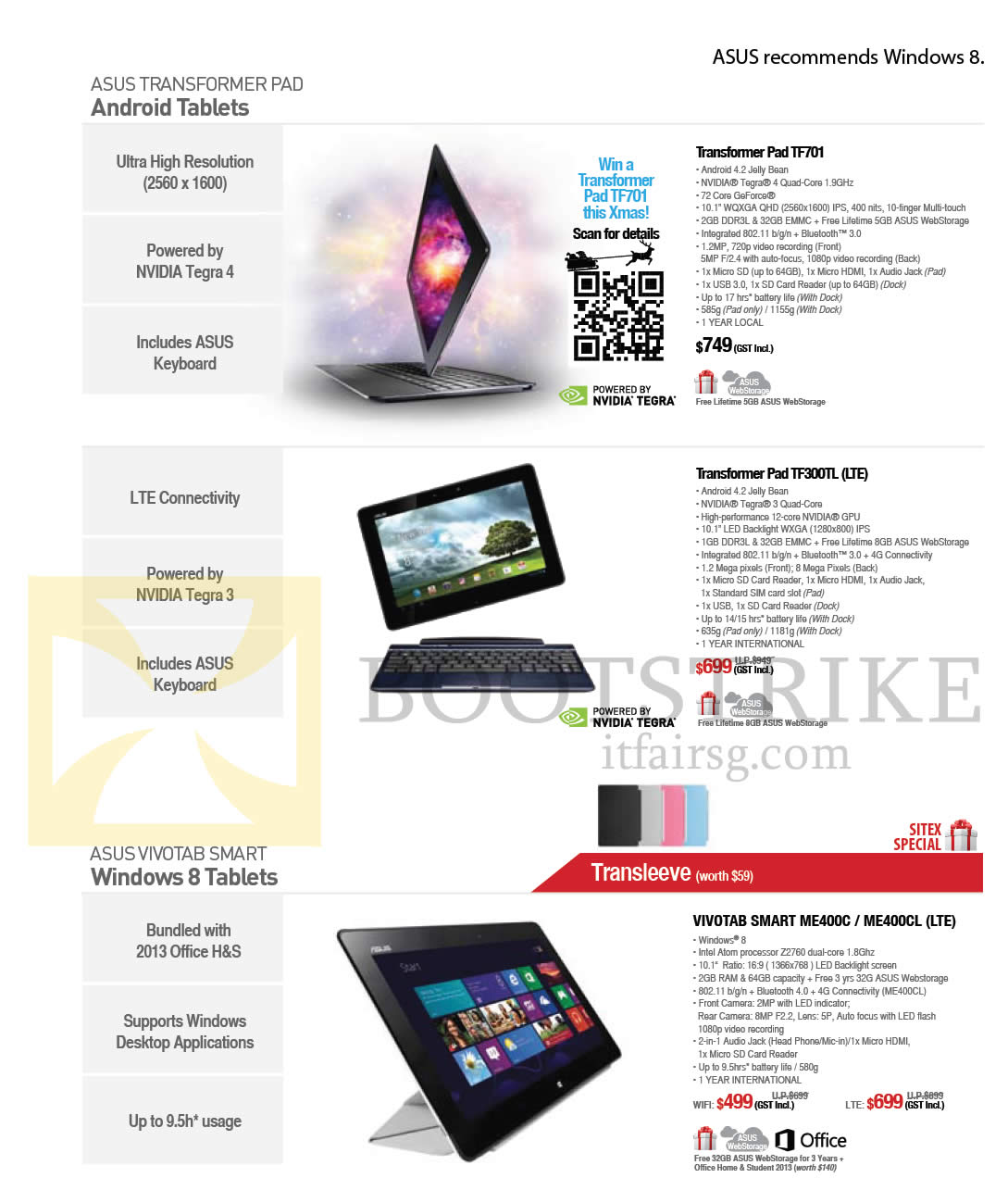 SITEX 2013 price list image brochure of ASUS Tablets Android, Windows 8 Tablets, TF701, TF300TL, Vivotab ME400C, ME400CL