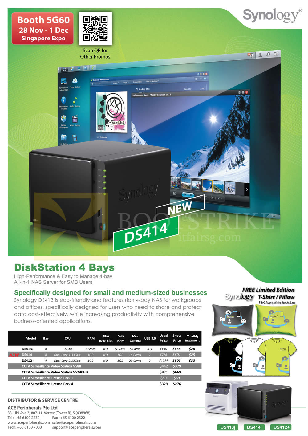 SITEX 2013 price list image brochure of Ace Peripherals Synology NAS DS413J DS413 DS414 DS412 Plus CCTV License