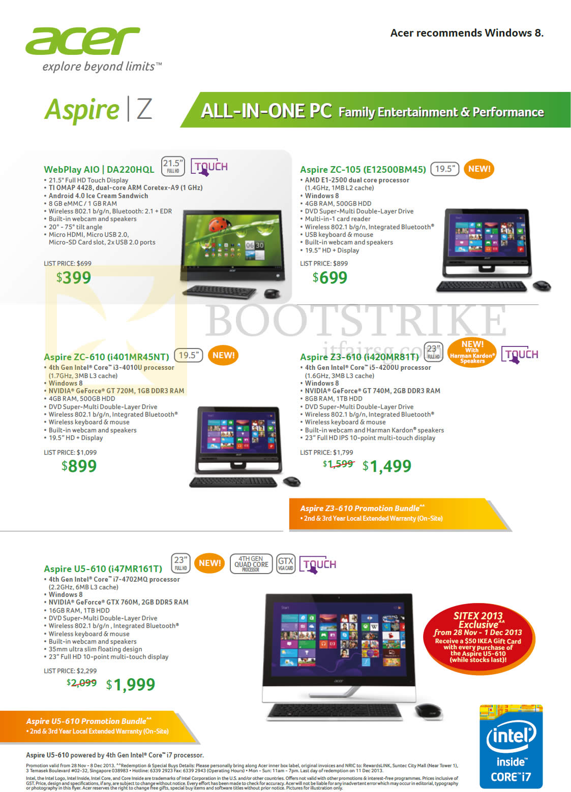 SITEX 2013 price list image brochure of Acer AIO Desktop PCs Webplay DA220HQL, Aspire ZC-105, ZC-610, Z3-610, U5-610