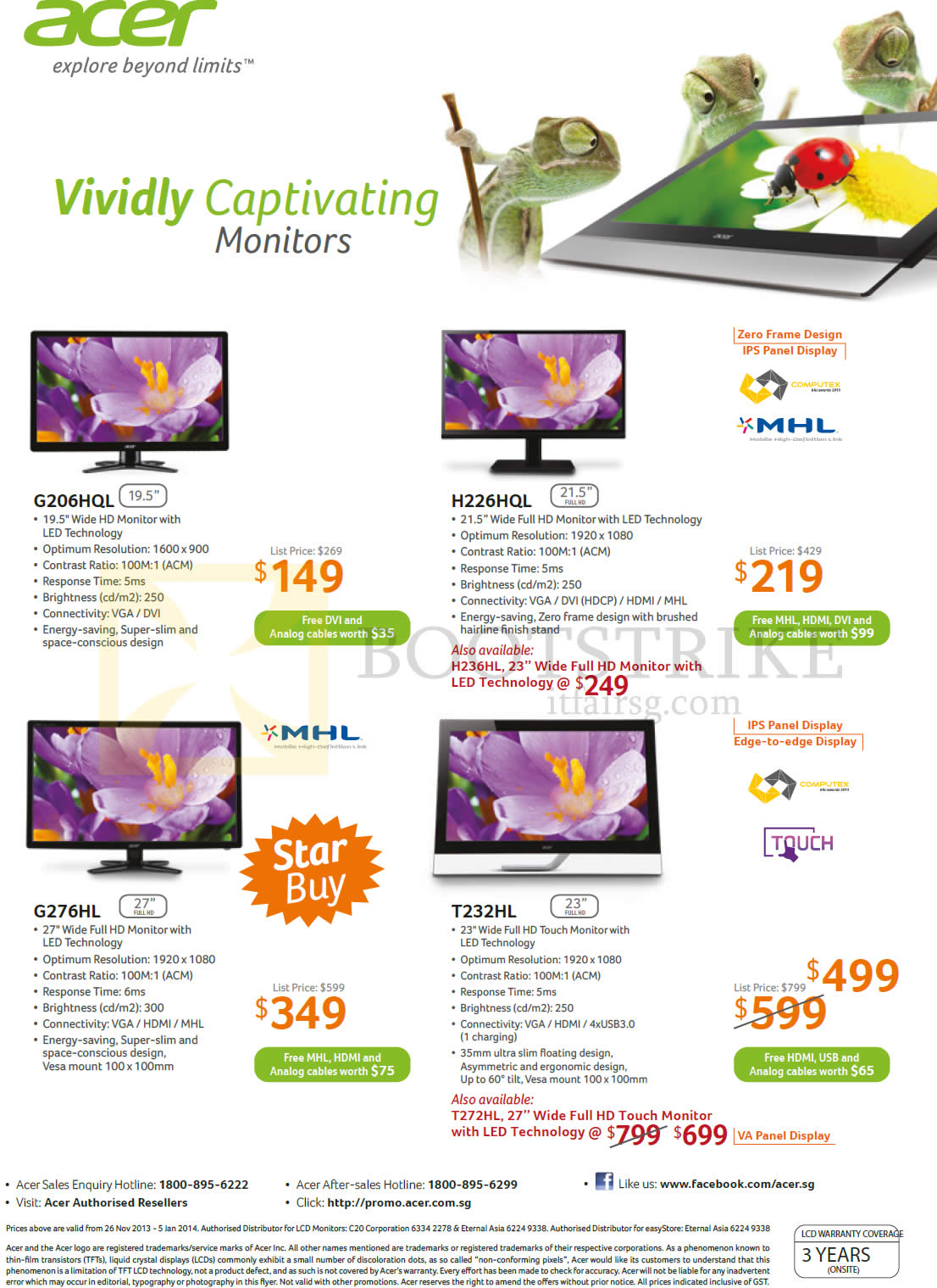 SITEX 2013 price list image brochure of Acer Monitors G206HQL, H226HQL, G276HL, T232HL