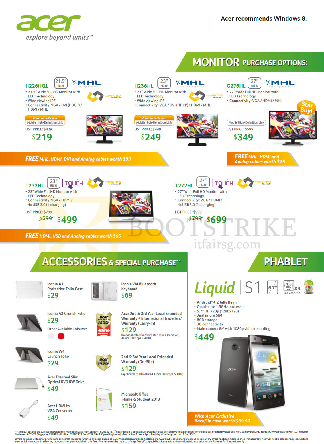 SITEX 2013 price list image brochure of Acer Monitors, Tablet Liquid S1, Accessories, H226HQL, H236HL, G276HL, T232HL, T272HL