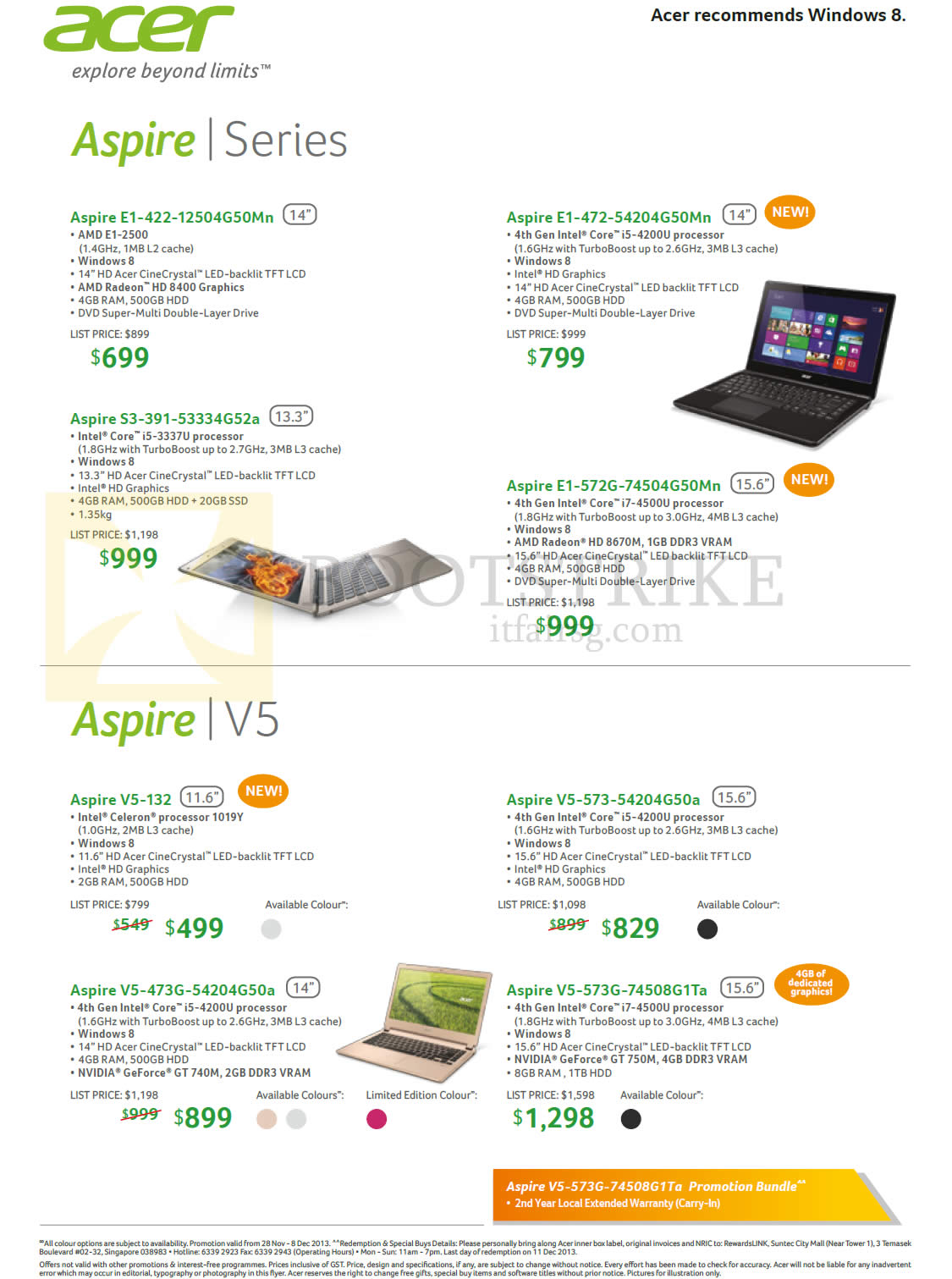 SITEX 2013 price list image brochure of Acer Notebooks Aspire E1-422-12504G50Mn, 472-5420G450Mn, S3-391-53334G52a, E1-572G-74504G50Mn, V5-132, 573-54204G50a, V5-473G-54204G50a, 573G-74508G1Ta