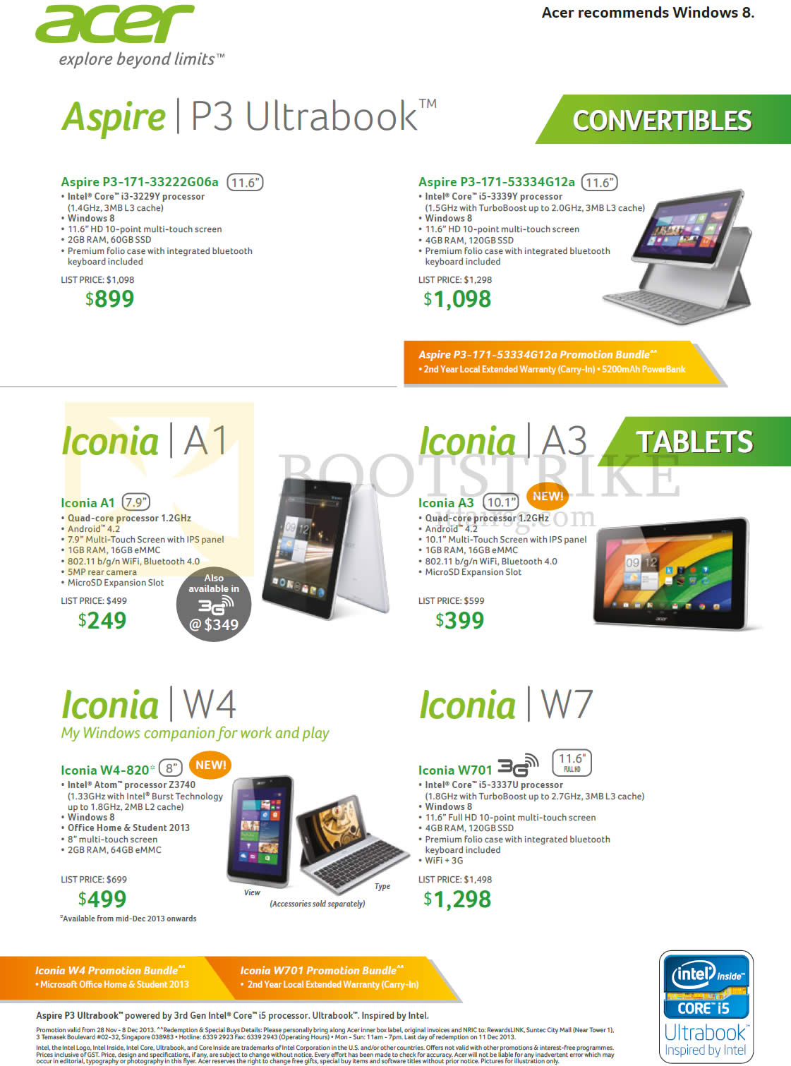 SITEX 2013 price list image brochure of Acer Notebooks, Tablets, P3-171-33222G06a, 53334G12a, Iconia A1, A3, W4-820, W710