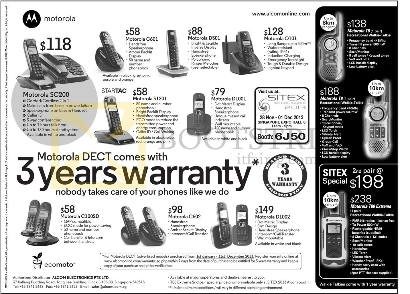 SITEX 2013 price list image brochure of Alcom Motorola Dect Phones SC200 C601 D501 O101 S1201 D1001 C1002D C602 D1002, Walkie Talkie T6 T8 T80 Extreme