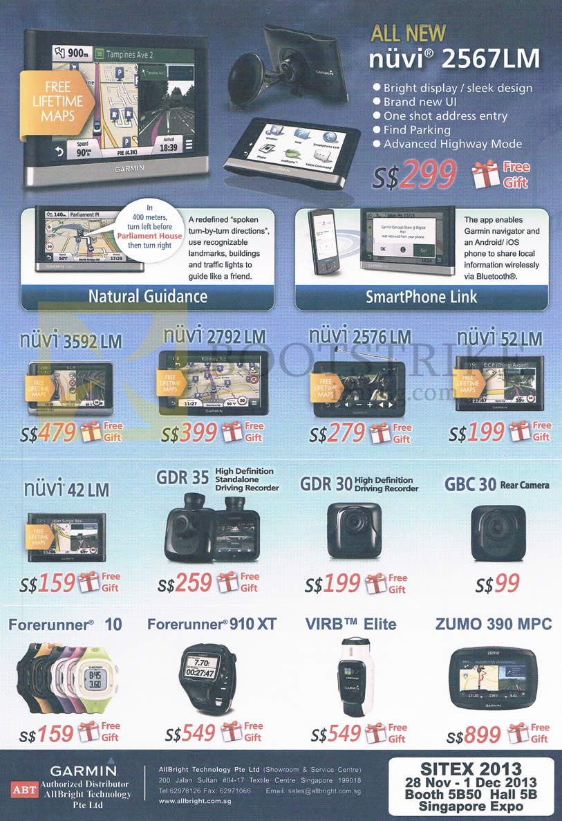 SITEX 2013 price list image brochure of Allbright Garmin GPS Navigators Nuvi 2567LM, 3592LM, 2792LM, 2576LM, 52LM, 42LM, GDR 35 30, Forerunner 10 910XT, Virb Elite, Zumo 390 MPC