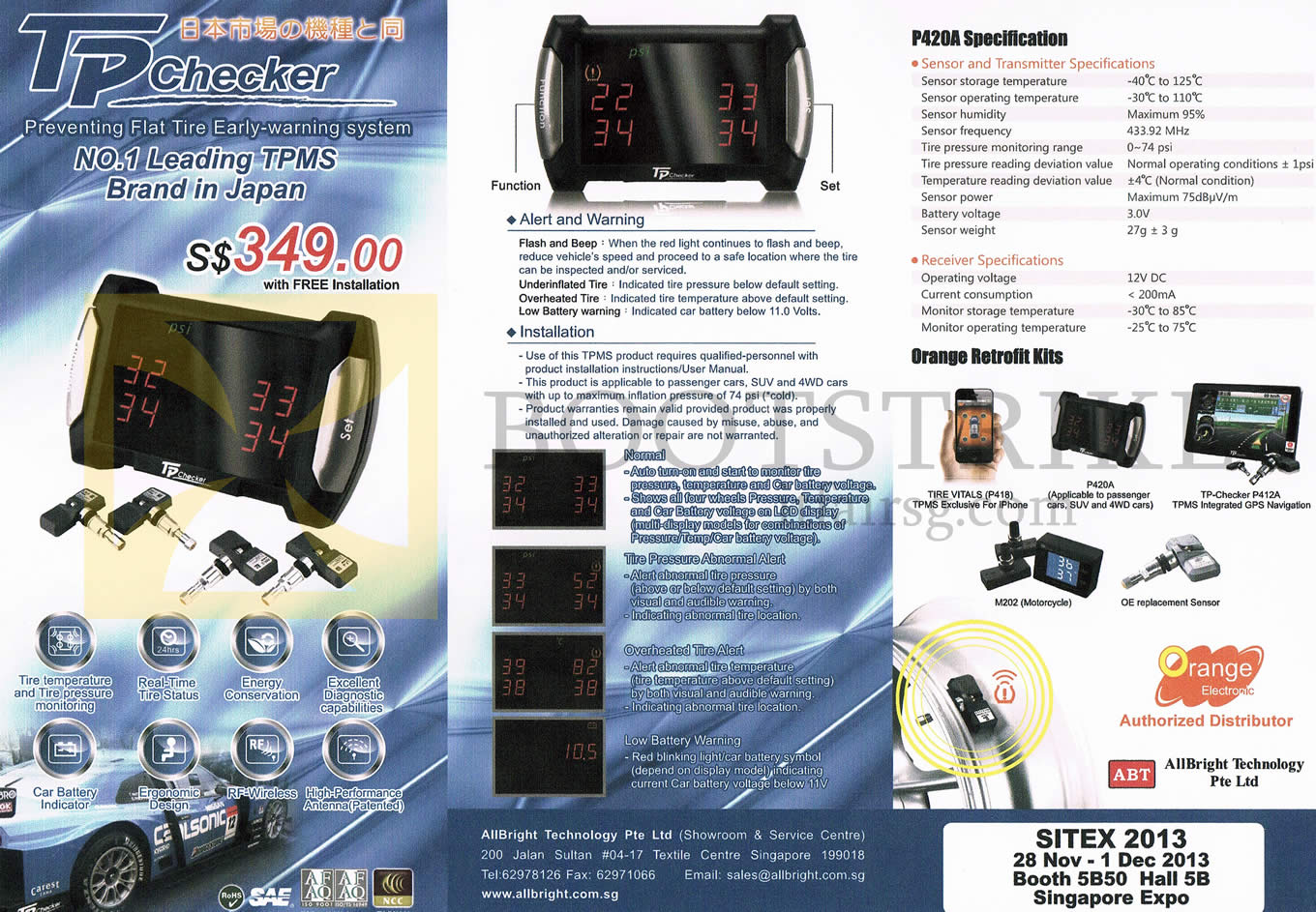 SITEX 2013 price list image brochure of Allbright TP Checker TPMS P420A Flat Tire Early Warning System