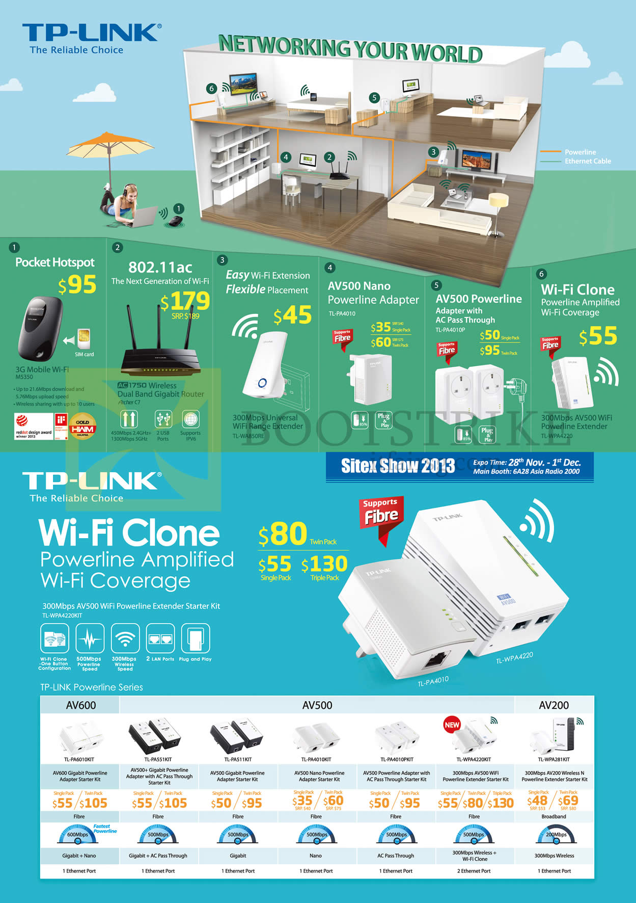 SITEX 2013 price list image brochure of Asia Radio TP-Link Networking Router, 3G, Powerline Adapter, Extender, Wi-Fi Clone AV600, AV500, AV200