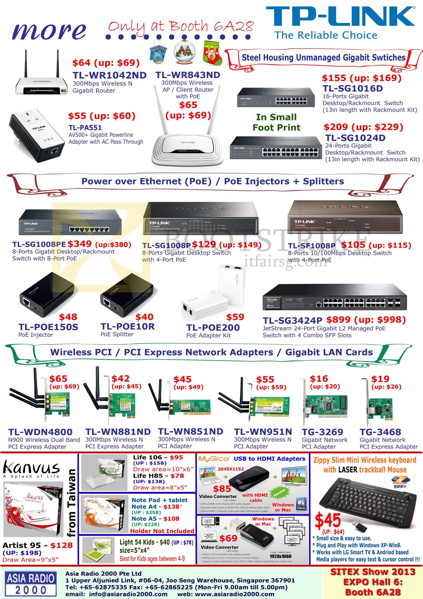 SITEX 2013 price list image brochure of Asia Radio TP-Link Networking Wireless Routers, Switch, Power Over Ethernet PoE, USB Adapters, PCI, Kanvus, MyGica, Keyboard, Life 106