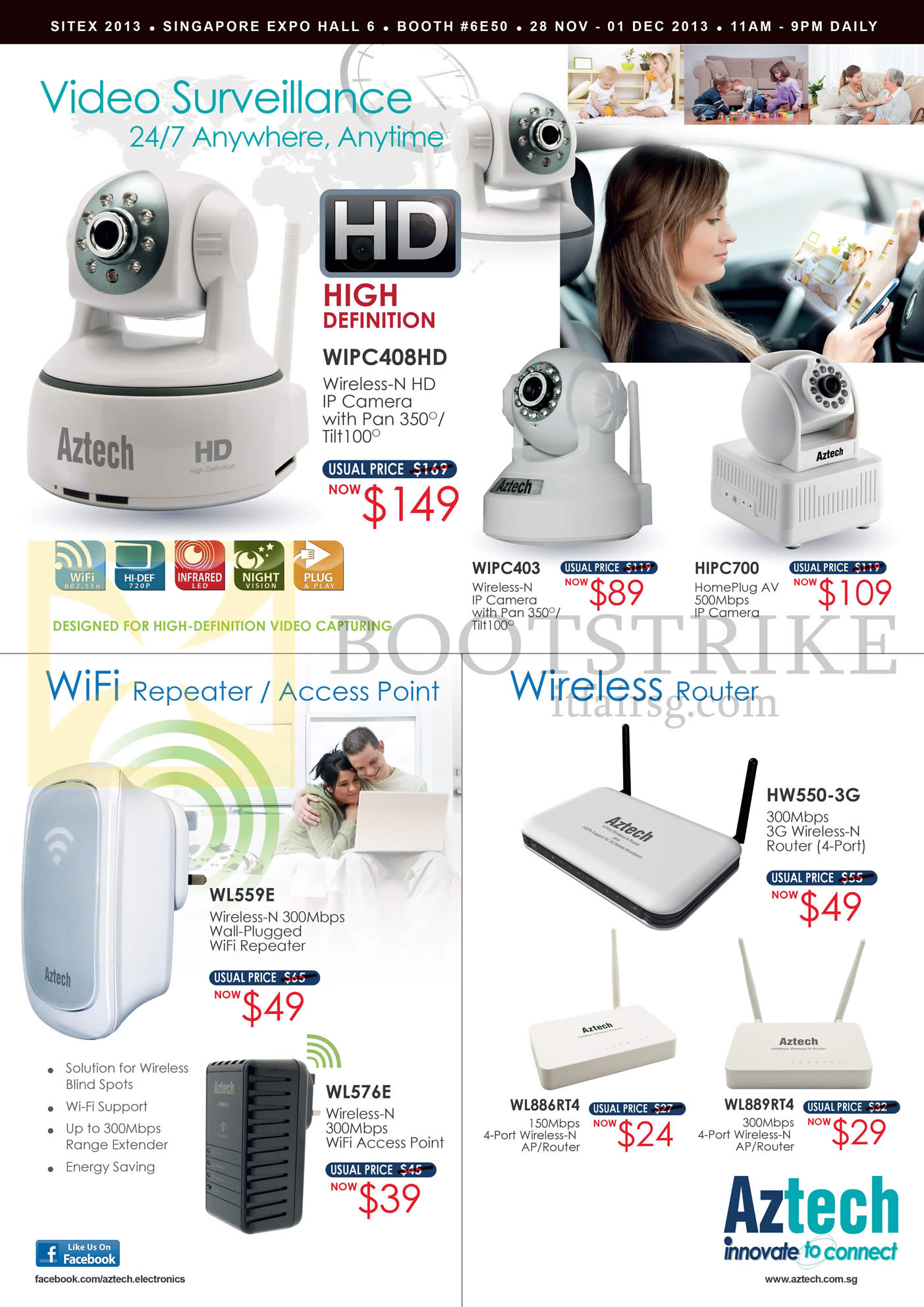 SITEX 2013 price list image brochure of Aztech Video Surveillance WIPC408HD, Wireless Repeater WL559E, Routers