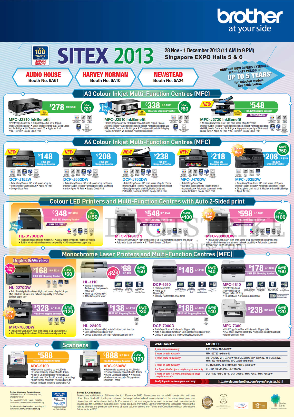 SITEX 2013 price list image brochure of Brother Laser Inkjet Printers Scanners MFC-J2310, J2510, J3720, 1810, 7360, DCP-J152W, J552DW, 1510, 7060D, HL-3170CDW, 1110, 2240D