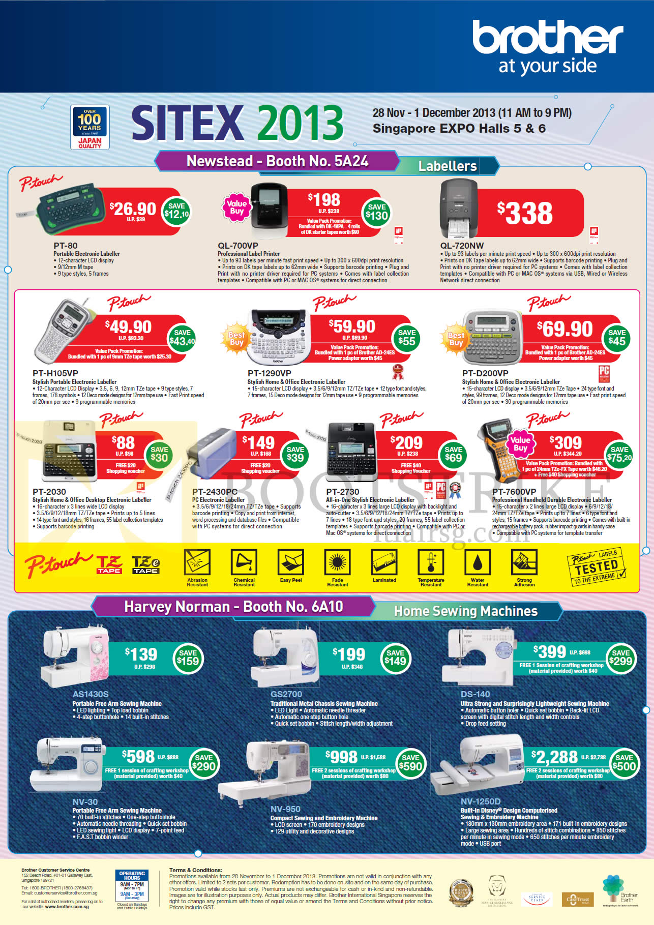 SITEX 2013 price list image brochure of Brother P-Touch Labellers, Sewing Machines PT-80, H105VP, 1290VP, D200VP, 2730, 7600VP, 2430PC, 2030, AS1430S, Ds-140, NV-1250D, NV-950