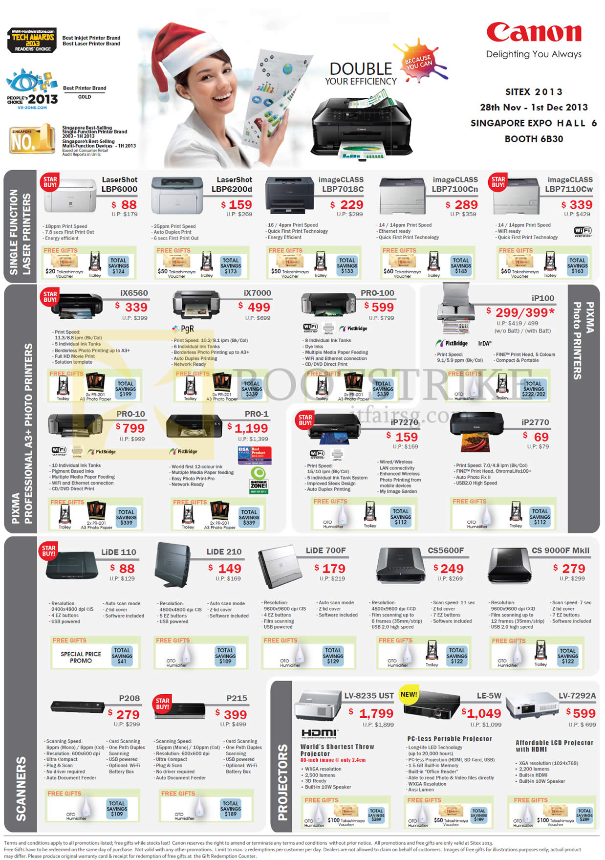 SITEX 2013 price list image brochure of Canon Printers Laser LBP6000 6200d 7018C 7100Cw, IX6560 7000, Pro, IP100, Scanners Lida 110 210 700F CS5600F 9000F P208 P215, Projectors LV 8235 LE 5W 7292A