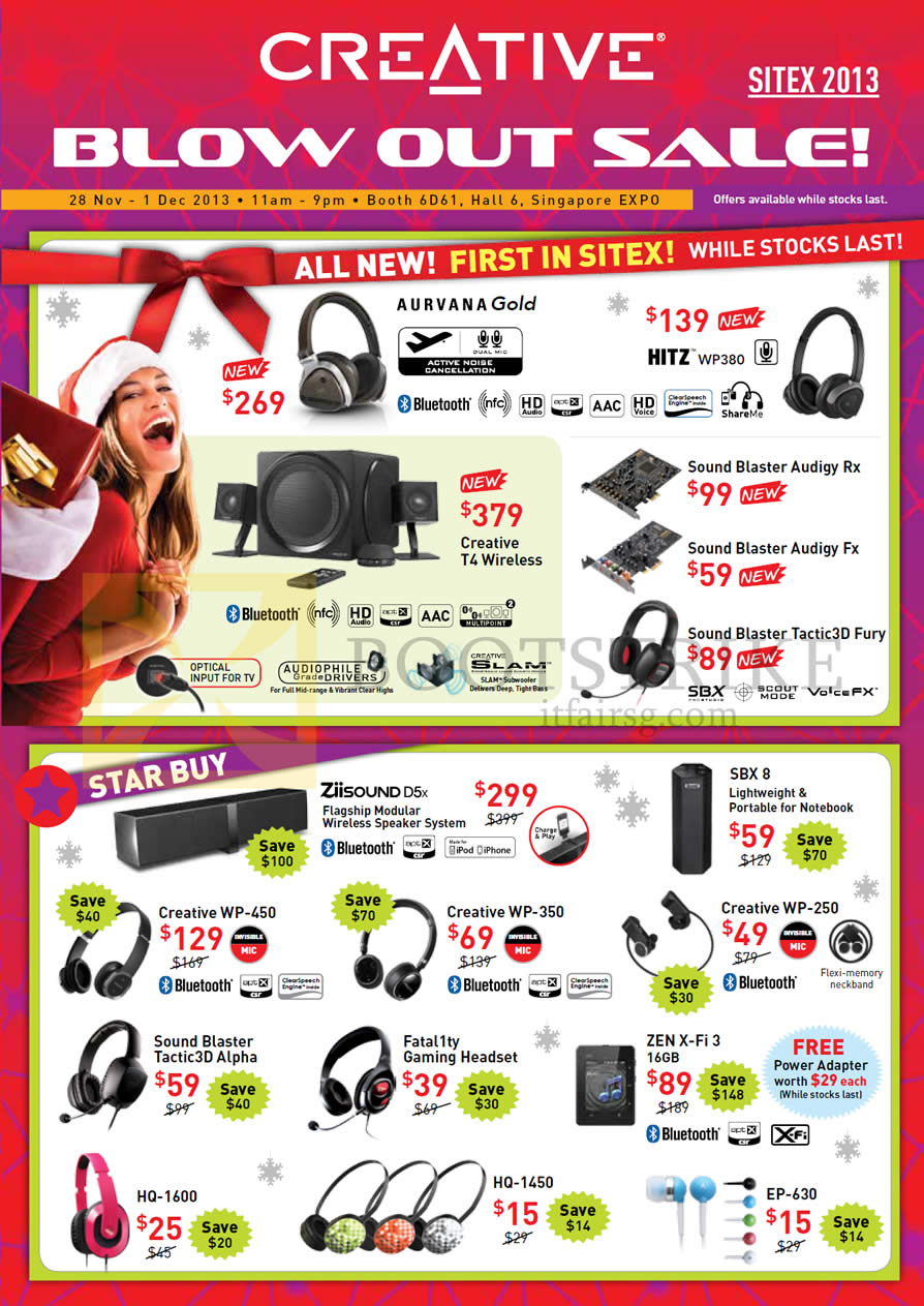 SITEX 2013 price list image brochure of Creative Blow Out Sale Headphones Aurvana Gold, Hitz, Speakers T4 Wireless, Sound Blaster Audigy Rx Fx, Tactic3D Fury, ZiiSound, SBX 8, WP, Fatal1ty