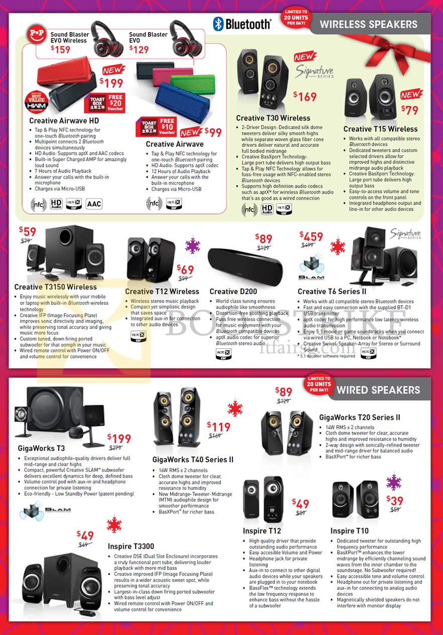 SITEX 2013 price list image brochure of Creative Wireless Speakers Airwave HD, T30, T15, T3150, T12, D200, T6 Series II, Wired GigaWorks T3, T20, T40 Series II, Inspire T12, T3300, T10