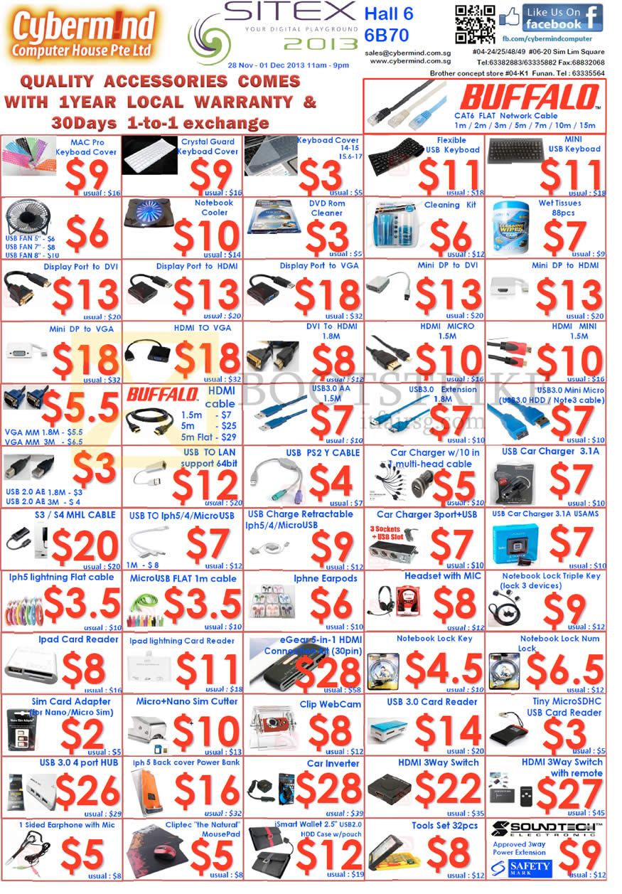 SITEX 2013 price list image brochure of Cybermind Accessories Cover, Cleaner, Notebook Cooler, Cable, Charger, Keyboard, Hub, HDMI, Webcam, USB