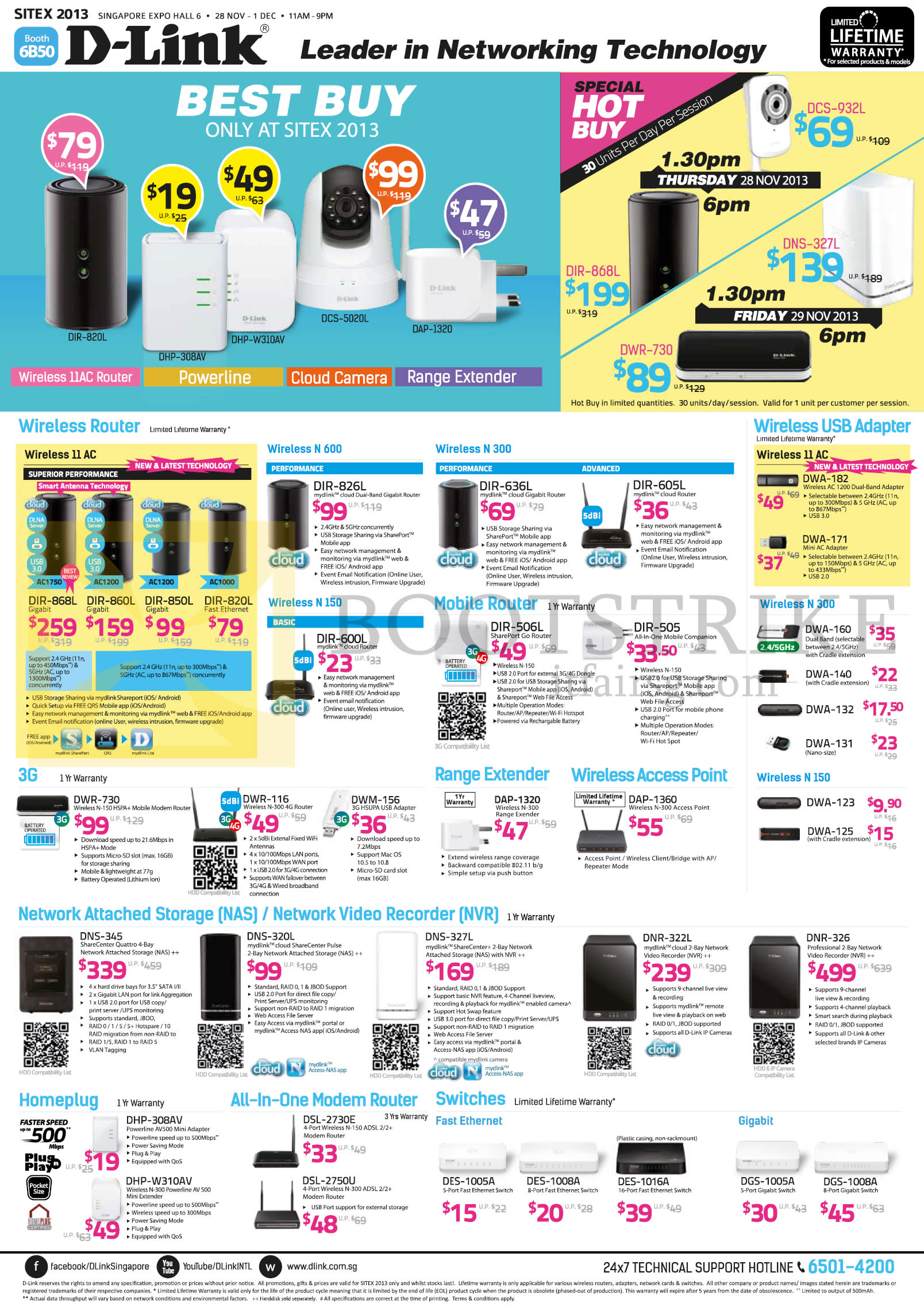 SITEX 2013 price list image brochure of D-Link Networking Wireless Routers, USB Adapters, HomePlug, Switch, Extender, NAS, DIR-826L, 636L, 605L, 600L, 506L, 505, DWR-730, 116, 156, DNS-345, 320L, 327L