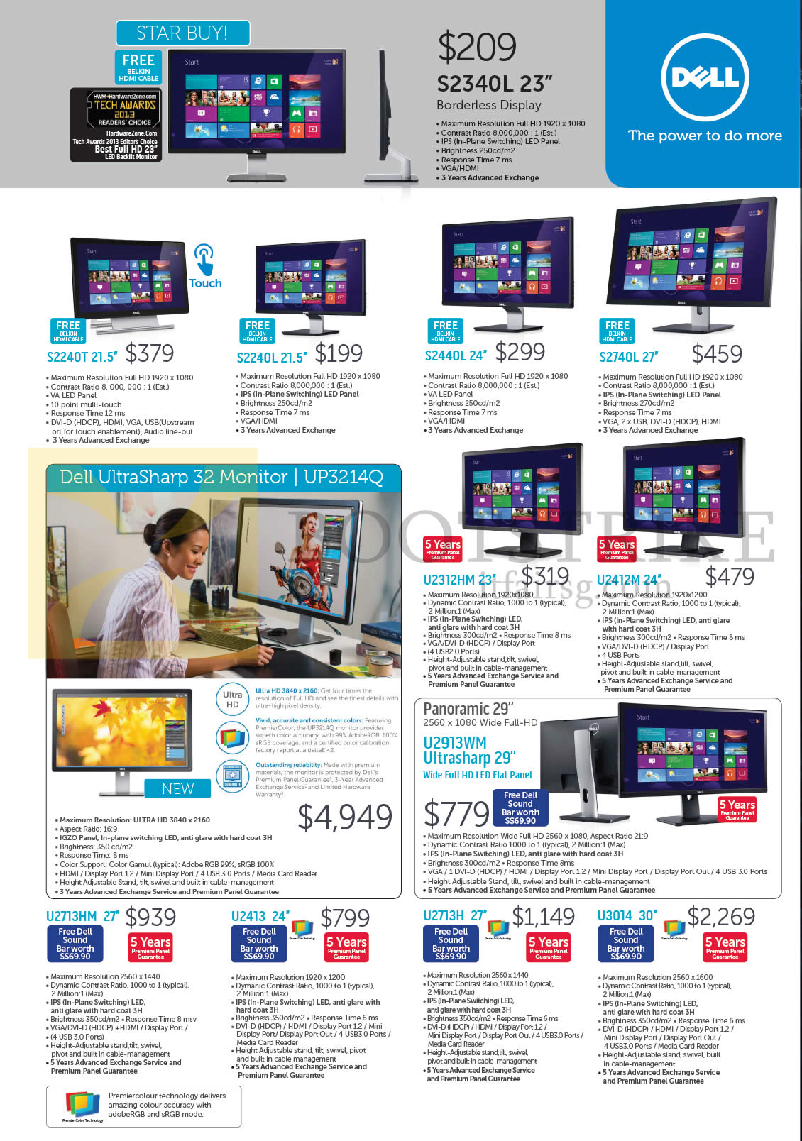 SITEX 2013 price list image brochure of Dell Monitors LED, IPS, Ultrasharp S2240T, S2240L, U2312HM, U2412M, U2913WM, U2713HM, U2413, U2713H, U3014