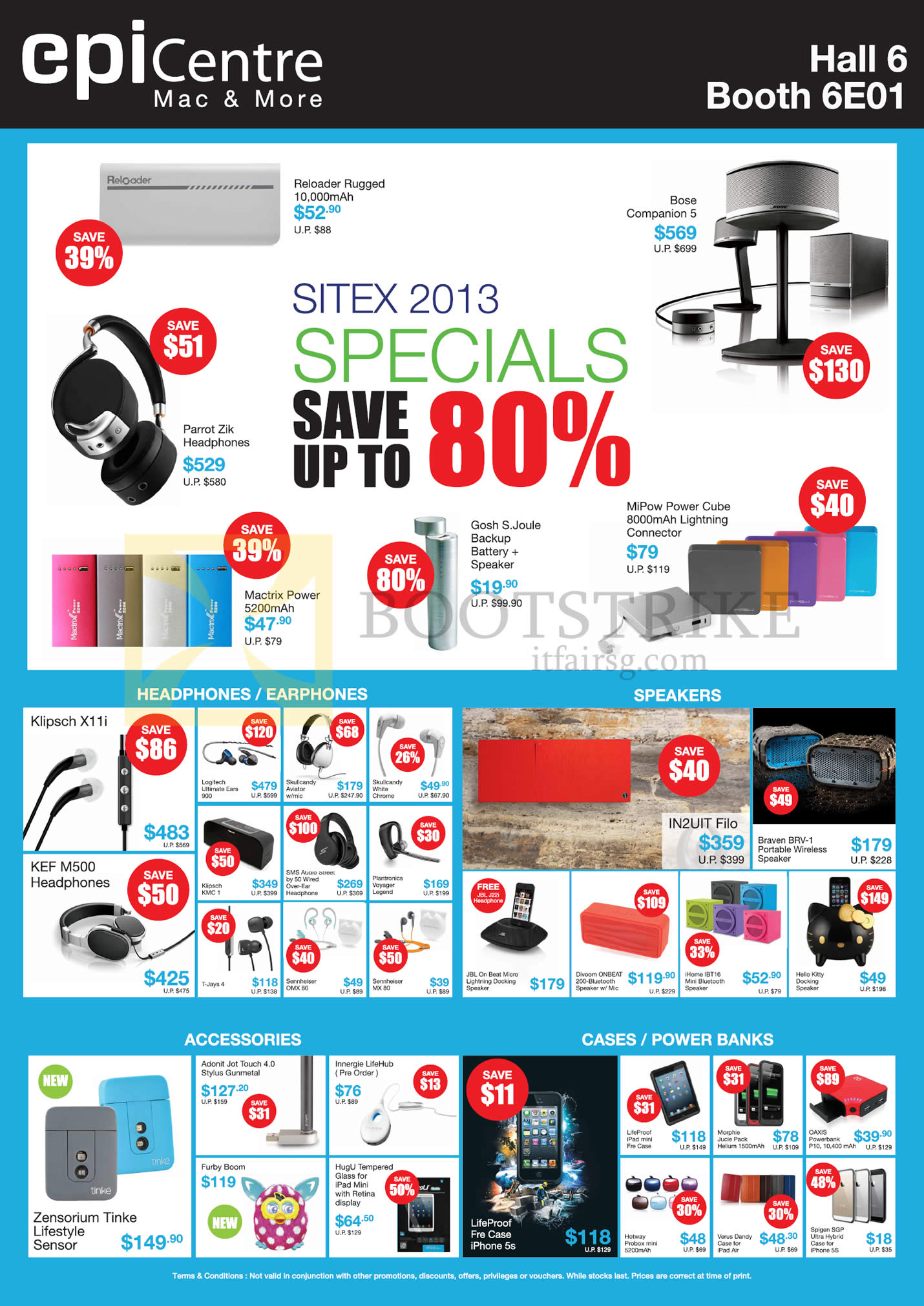 SITEX 2013 price list image brochure of Epicentre Accessories Power Bank External Charges, Bose Companion 5, Parrot Zik Headphones, MiPow, Klipsch, Skullcandy, Case Lifeproof