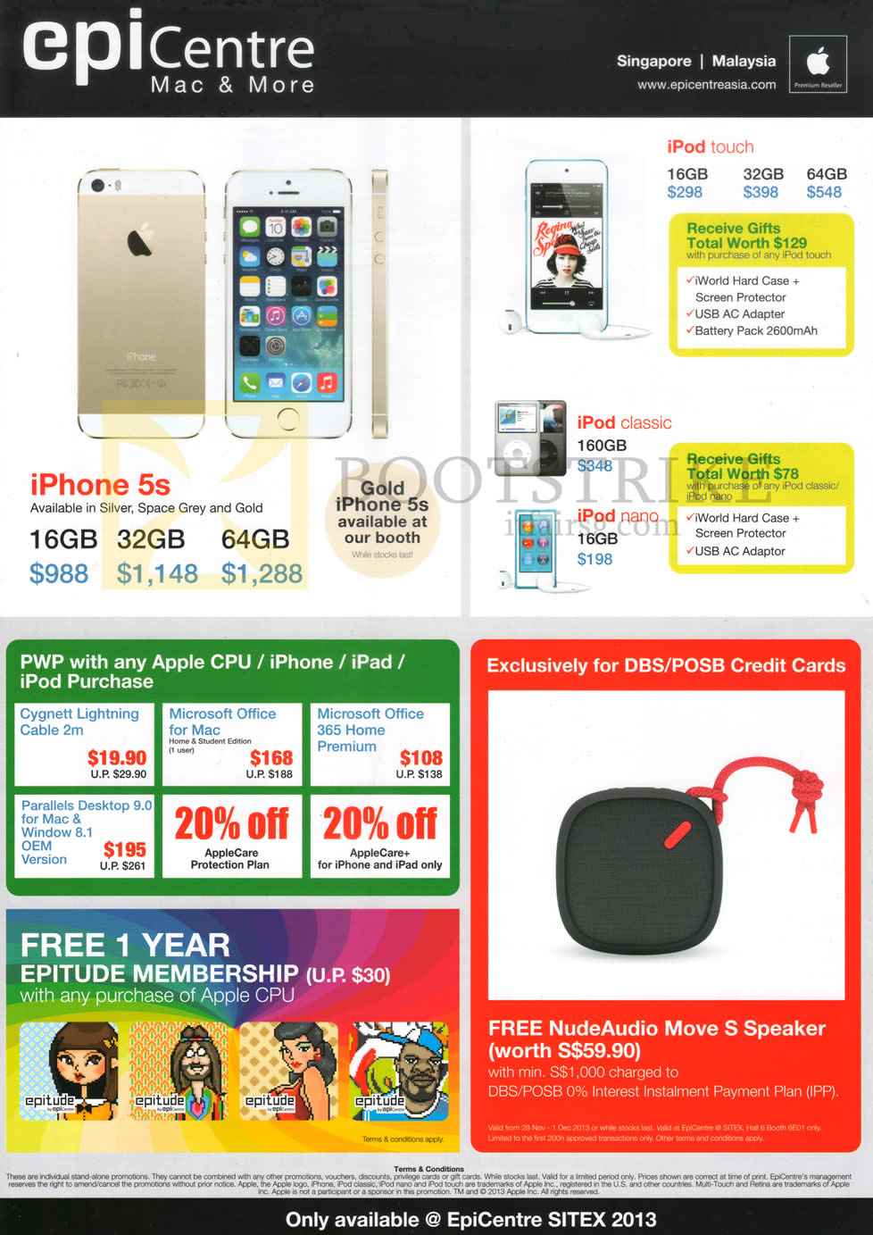 SITEX 2013 price list image brochure of Epicentre Apple IPhone 5S, IPod Touch, Classic, Nano, Purchase With Purchase, Parallels, Microsoft Office, DBS POSB