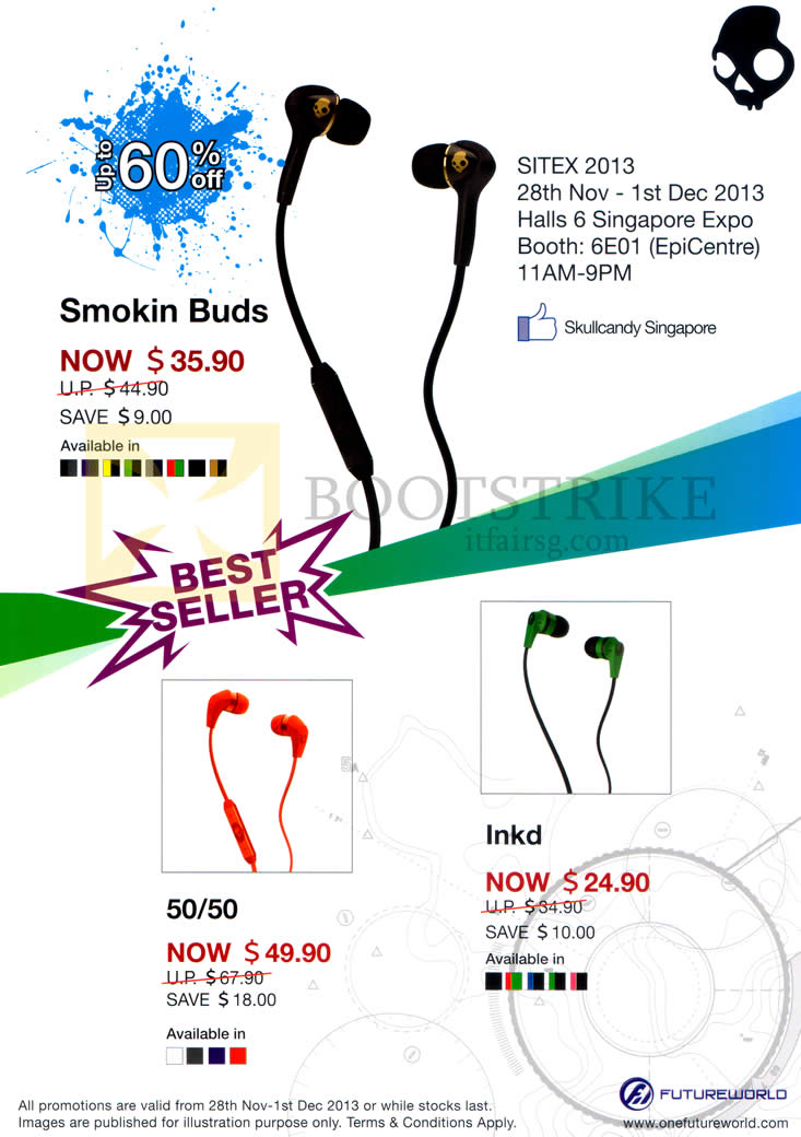 SITEX 2013 price list image brochure of Epicentre Future World Skullcandy Earphones Smokin Buds, 50, Inkd