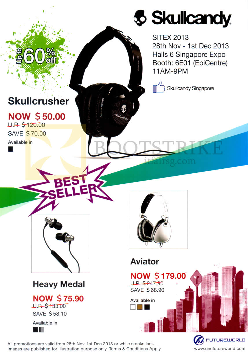 SITEX 2013 price list image brochure of Epicentre Futureworld Skullcandy Headphones Skullcrusher, Earphones Heavy Medal, Aviator