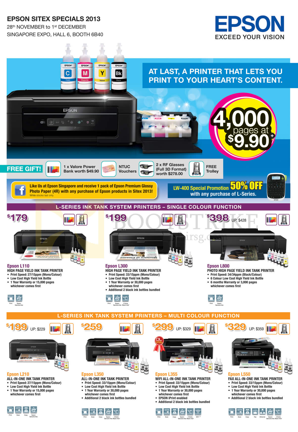 SITEX 2013 price list image brochure of Epson Printers L110, L300, L800, L210, L350, L355, L550