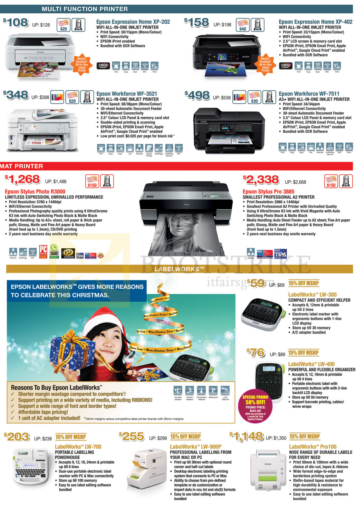 SITEX 2013 price list image brochure of Epson Printers, Labellers, XP-202, XP-402, Workforce Wf-3521, WF-7511, R3000, Pro3885, LabelWorks LW-300, 400, 700, 900P, Pro100