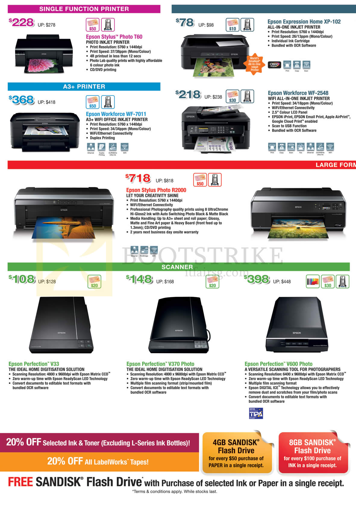 SITEX 2013 price list image brochure of Epson Printers, Scanners, Stylus Photo T60, Workforce WF-7011, Expression Home XP-102, Stylus R2000, Perfection V33, V370, V600