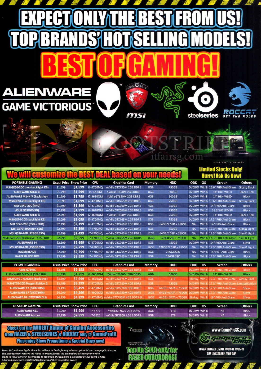 SITEX 2013 price list image brochure of GamePro Gaming Notebooks Desktop PC ASUS, Samsung, MSI, Dell Alienware X51 Aurora M14x 14, Razer Blade, Pro