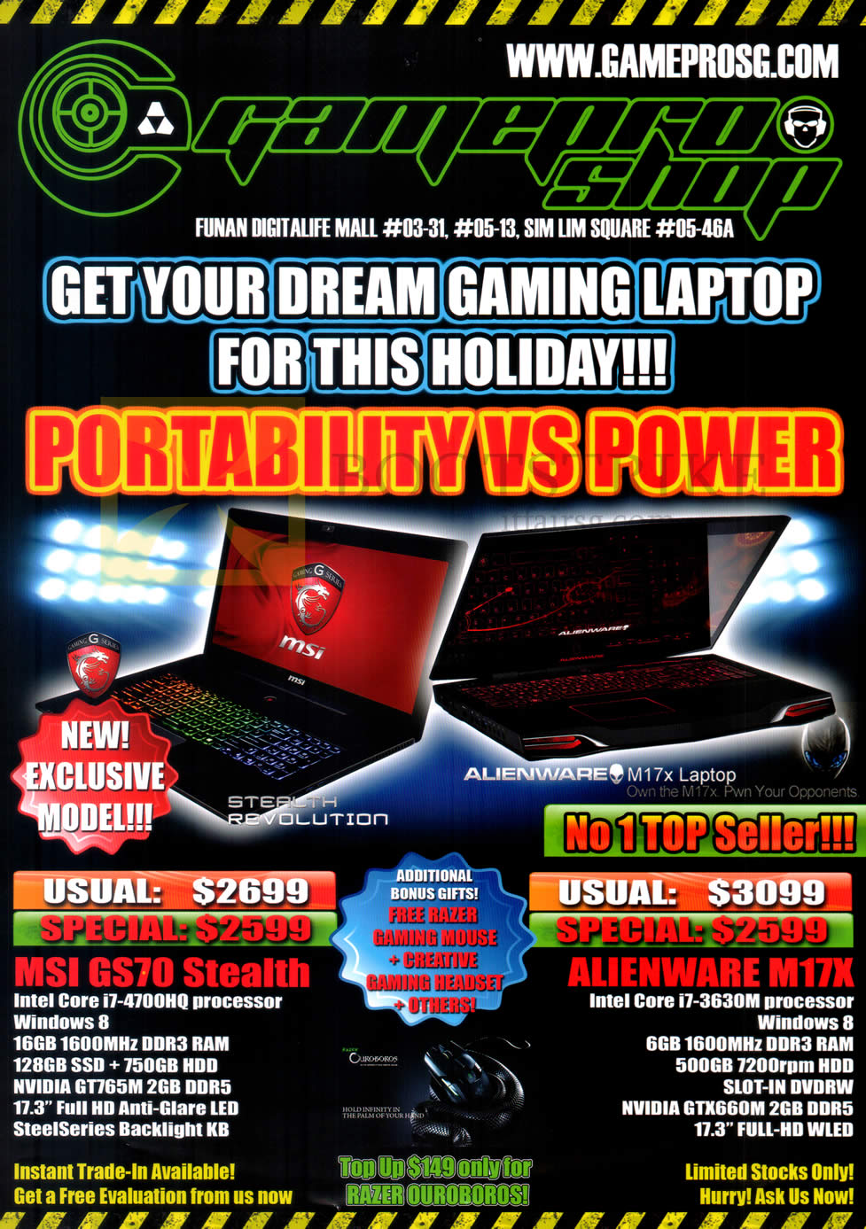 SITEX 2013 price list image brochure of GamePro Notebooks Gaming MSI GS70 Stealth, Dell Alienware M17X