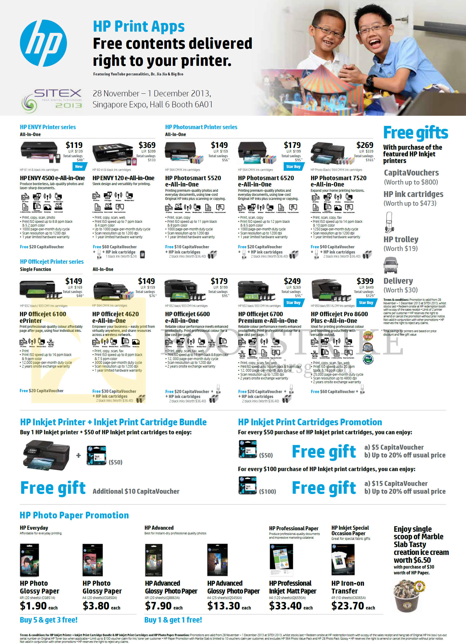 SITEX 2013 price list image brochure of HP Printers Envy, Photo Paper, Envy 4500, 120, Photosmart 6520, 5520, 7520, Officejet 6100, 4620, 6600, 6700, 8600