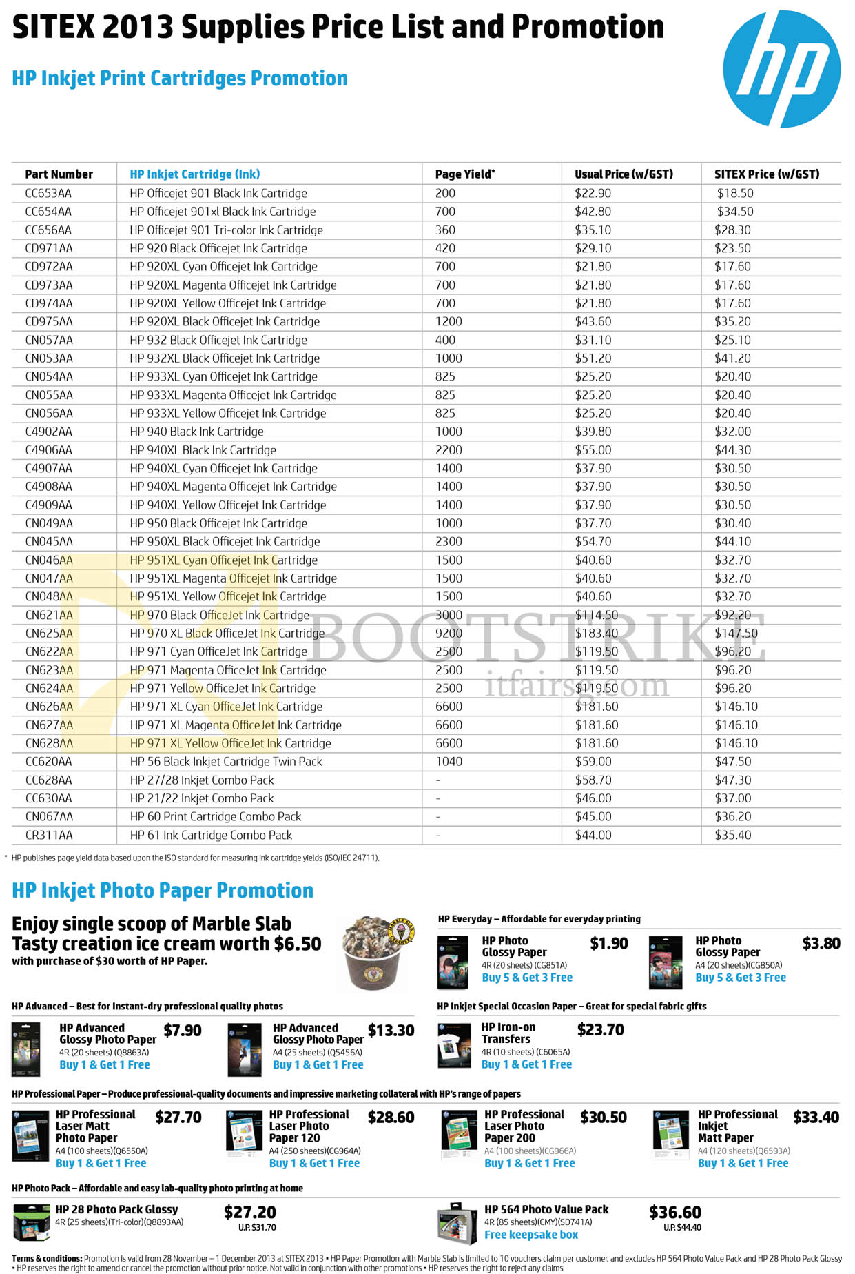SITEX 2013 price list image brochure of HP Printers Ink Cartridge Price List, Photo Paper