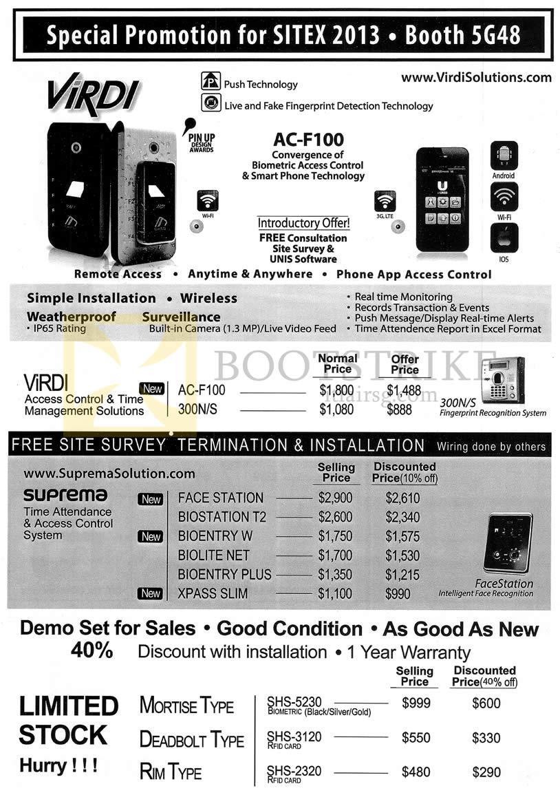 SITEX 2013 price list image brochure of Hanman Virdi Solutions AC-F100 Biometric Access Control Systems, AC-F100, Monitoring, Time Attendence