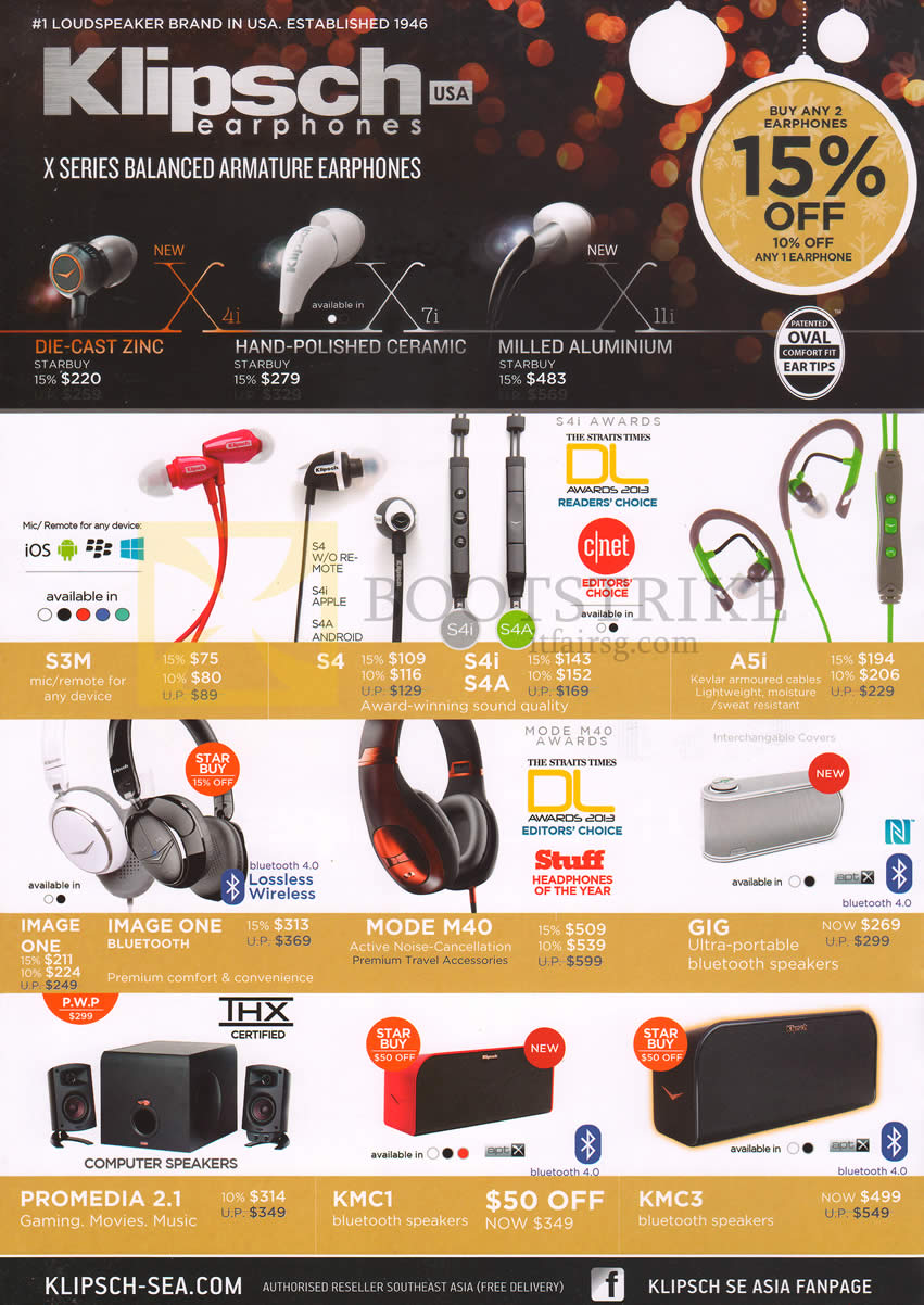 SITEX 2013 price list image brochure of Harvey Norman Klipsch Earphones, Die Cast Zinc, S3M, S4, A5i, GIG, Mode M40, Headphones Image One, Promedia 2.1 Speakers, KMC1, KMC3