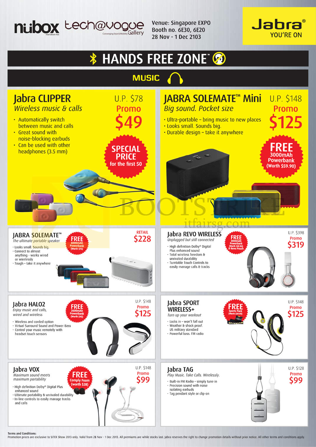SITEX 2013 price list image brochure of Jabra Bluetooth Headsets Clipper, Solemate Mini, Solemate, Revo Wireless, Halo2, Sport, Vox, Tag